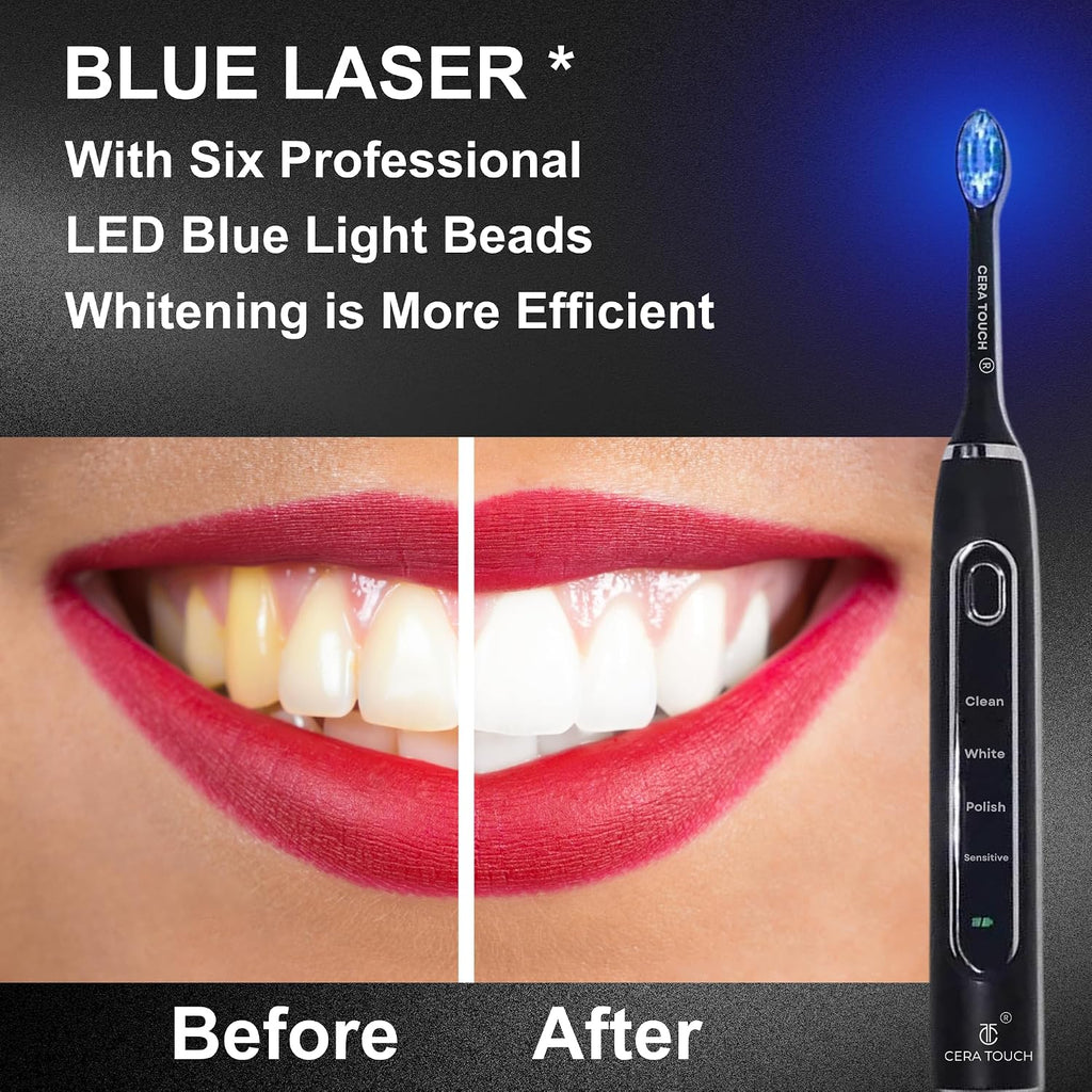 6 Blue LED Whitening Electric Toothbrush| Electric Toothbrush for Adults | 4 Modes with Smart Timer Plaque Removal & Memory Function | 2Heads | IPX7 Waterproof |Travel Case |Wirelesscharger