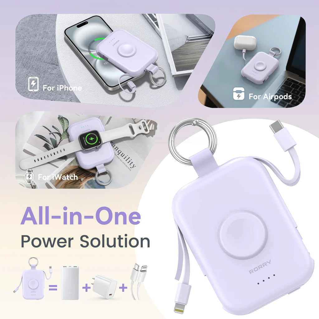 Portable Charger, 5000Mah Power Bank - Apple Watch Charger with Built-In Cables,Travel-Ready Portable Charger for Iphone 17/ 16/15/14 ,Android ,Apple Watch Ultra2/11/10/9/8, Black