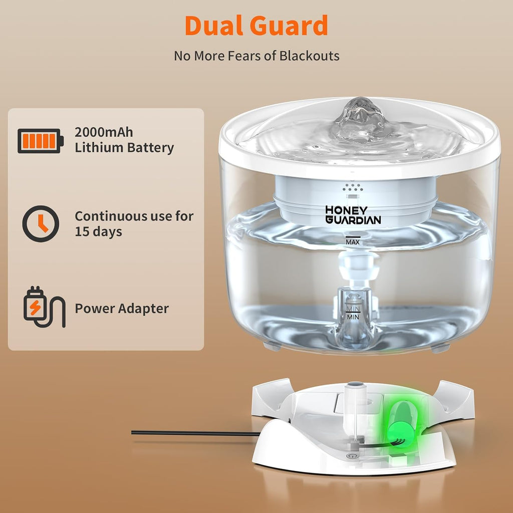Honeyguardian Cat Water Fountain,Battery Operated Smart Pet Fountain, 2.4G/5G Wifi App Monitoring Pumpless Cat Water Dispenser, 2.5L/84Oz Automatic Water Dispenser for Drinking