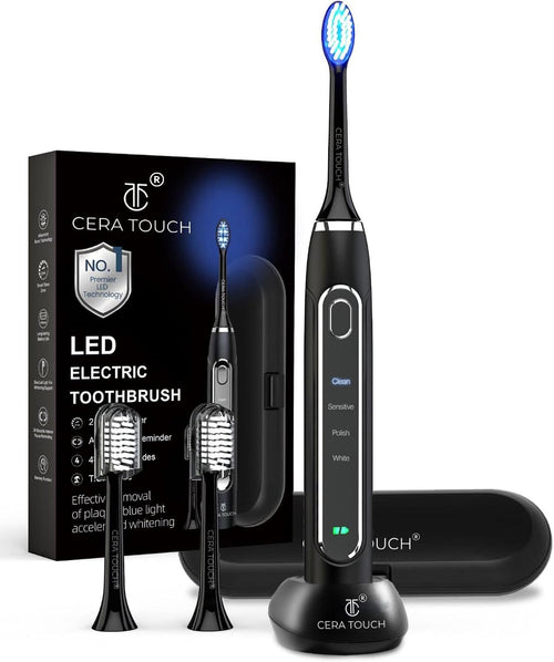 6 Blue LED Whitening Electric Toothbrush| Electric Toothbrush for Adults | 4 Modes with Smart Timer Plaque Removal & Memory Function | 2Heads | IPX7 Waterproof |Travel Case |Wirelesscharger